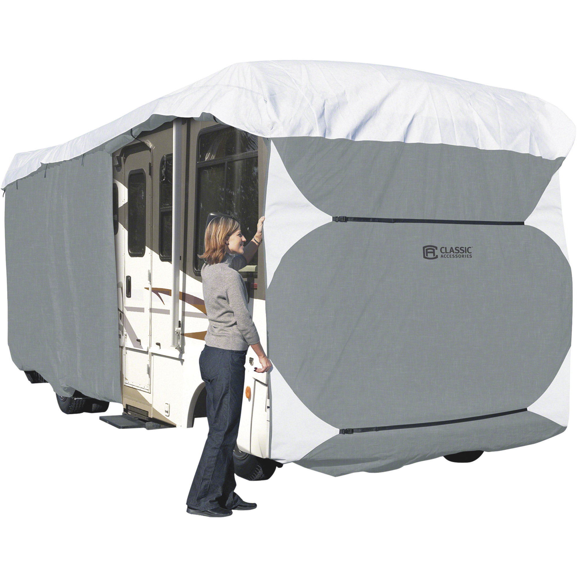 Classic Accessories Overdrive PolyPRO 3 Deluxe Class A RV Cover, Gray and White, Fits 33ft.L-37ft.L x 135in.H RVs, Model# 80-337-193101-RT